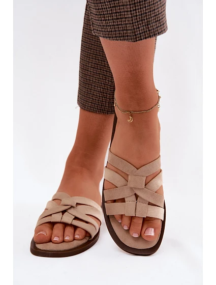 Dámské ploché nazouváky s pásky a imitací semiše béžové Calvia Dámské ploché nazouváky s pásky a imitací semiše béžové Calvia