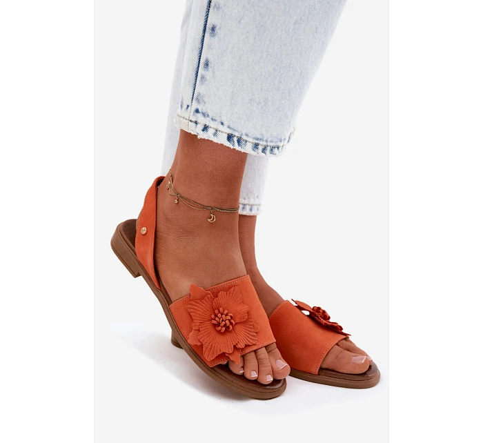 Kožené semišové sandály na plochém podpatku s ozdobným květem Zazoo 407471 Oranžové Kožené semišové sandály na plochém podpatku s ozdobným květem Zazoo 407471 Oranžové