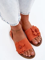 Kožené semišové sandály na plochém podpatku s ozdobným květem Zazoo 407471 Oranžové