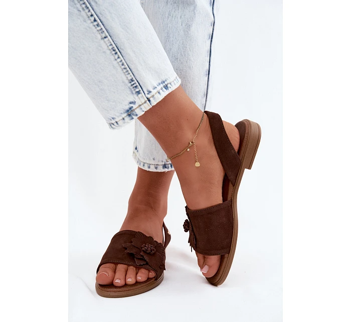 Kožené semišové sandály na nízkém podpatku s ozdobným květem Zazoo 407471 Čokoládové Kožené semišové sandály na nízkém podpatku s ozdobným květem Zazoo 407471 Čokoládové