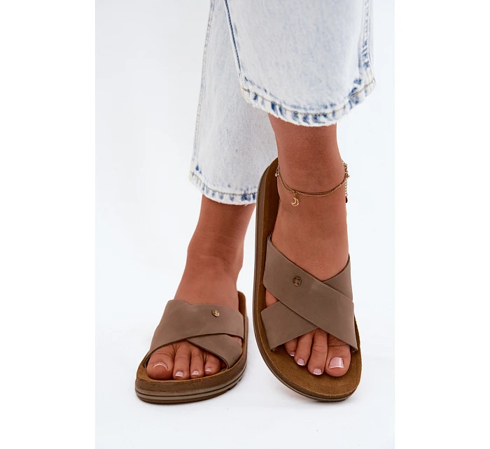 Kožené Semišové Dámské Pantofle model 22120786 Béžové - Maciejka Kožené Semišové Dámské Pantofle model 22120786 Béžové - Maciejka