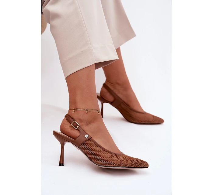 Kožené Síťované Dámské Sandály Lodičky Na Podpatku Maciejka K7507-29 Hnědé Kožené Síťované Dámské Sandály Lodičky Na Podpatku Maciejka K7507-29 Hnědé