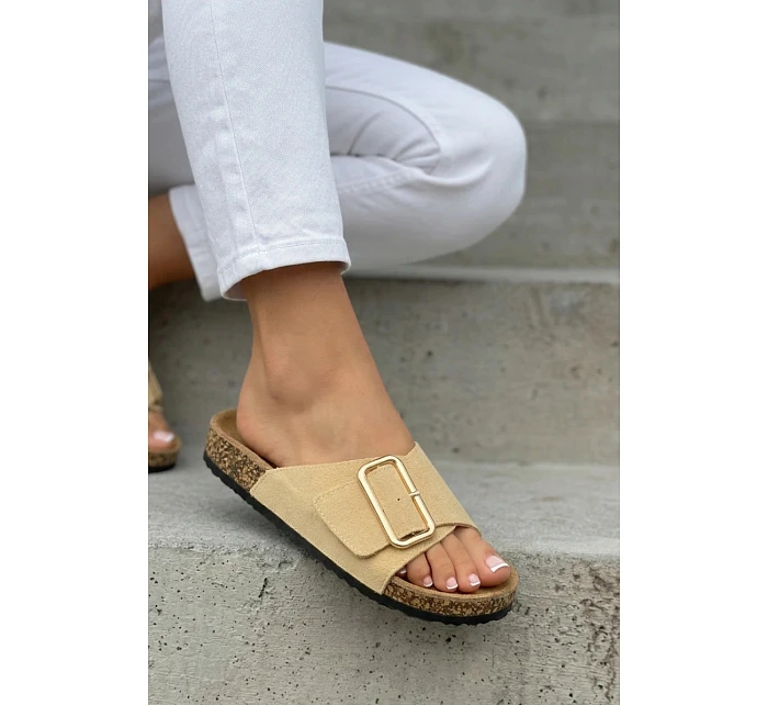 Kožené semišové dámské pantofle s přezkou Béžové Beryl Kožené semišové dámské pantofle s přezkou Béžové Beryl