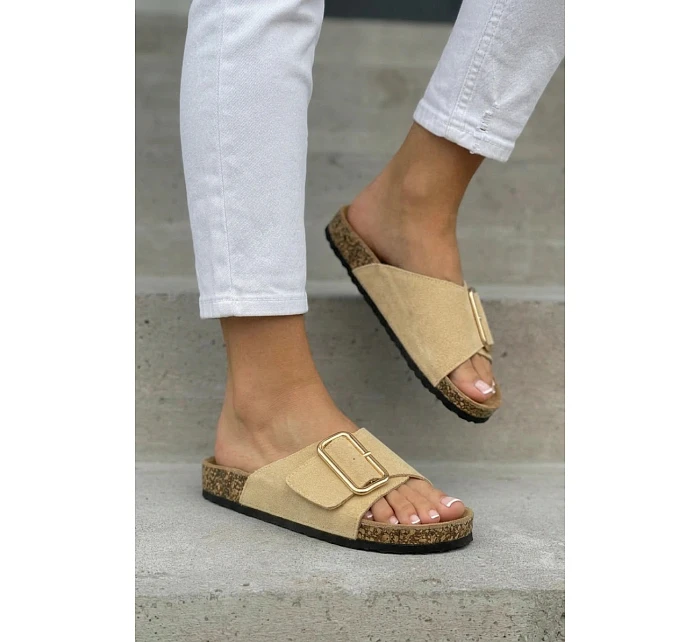 Kožené semišové dámské pantofle s přezkou Béžové Beryl Kožené semišové dámské pantofle s přezkou Béžové Beryl