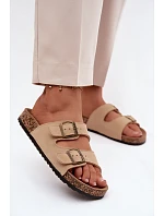 Semišové pantofle na korkové podrážce s přezkami béžové model 22120824 - Boto