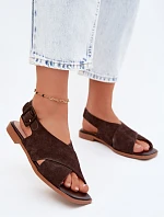 Kožené Semišové Dámské Sandály Na Ploché Podpatky D&A JC61-1001 Čokoládové