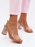 Sandály na podpatku s krystaly síťová mašle D&A MR61-9010 Zlaté