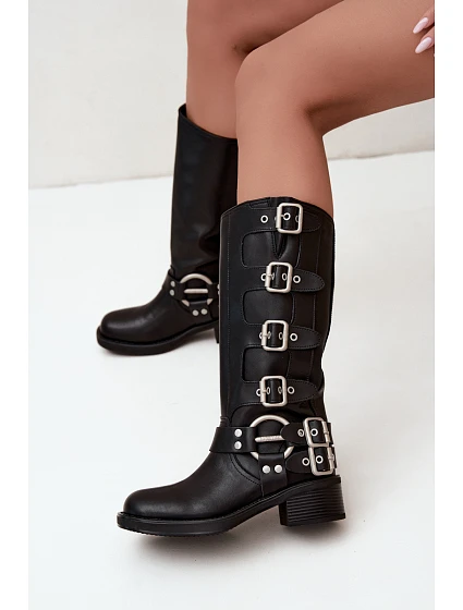 Dámské kožené kozačky na nízkém podpatku s přezkami Big Star model 22349500 Černé - Big Star Shoes Dámské kožené kozačky na nízkém podpatku s přezkami Big Star model 22349500 Černé - Big Star Shoes