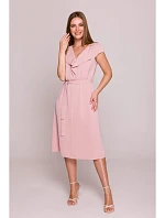 S411 Šaty bez rukávů s volánkovým výstřihem - pudrové