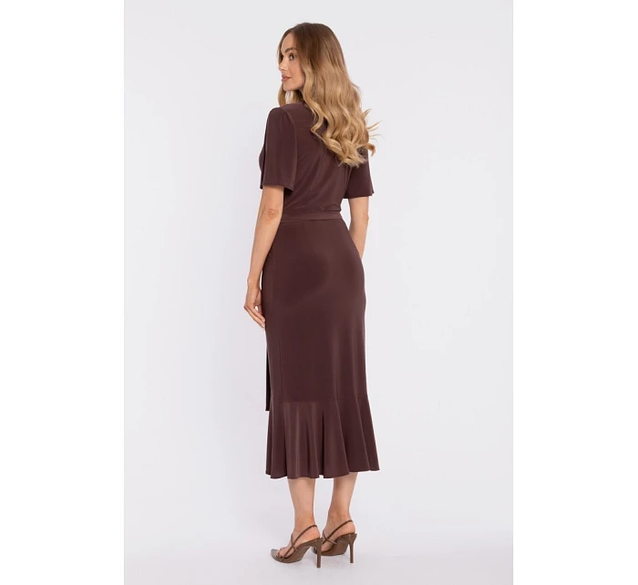 M912 Zavinovací midi šaty s volánkem a řasením - hnědé M912 Zavinovací midi šaty s volánkem a řasením - hnědé