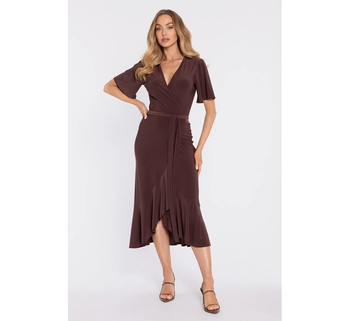 M912 Zavinovací midi šaty s volánkem a řasením - hnědé M912 Zavinovací midi šaty s volánkem a řasením - hnědé