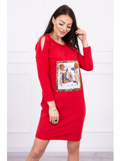 Šaty s 3D grafikou a ozdobným pom pom červené