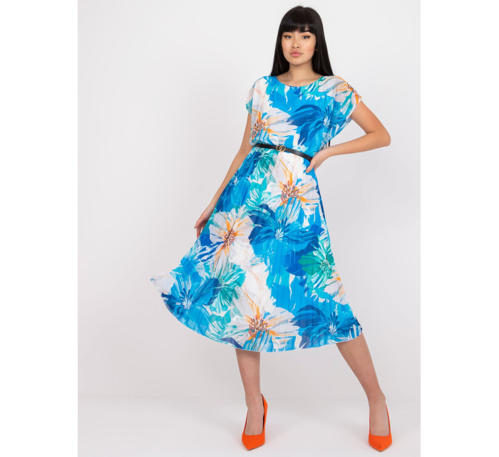 Bílé a modré řasené midi šaty s květinami