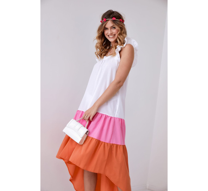 Letní šaty na ramínka s delšími zády, růžové a oranžové