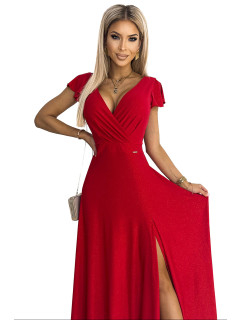 Dámské třpytivé dlouhé šaty s výstřihem CRYSTAL - červené