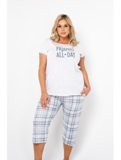 Glamour dámské pyžamo s krátkým rukávem, 3/4 kalhoty - světlá melanž/potisk