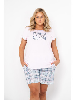 Glamour dámské pyžamo, krátký rukáv, krátké kalhoty - světle růžová/potisk