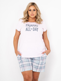 Glamour dámské pyžamo, krátký rukáv, krátké kalhoty - světle růžová/potisk