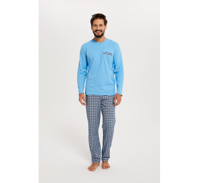 Jaromír pánské pyžamo s dlouhým rukávem, dlouhé kalhoty - modrá/potisk