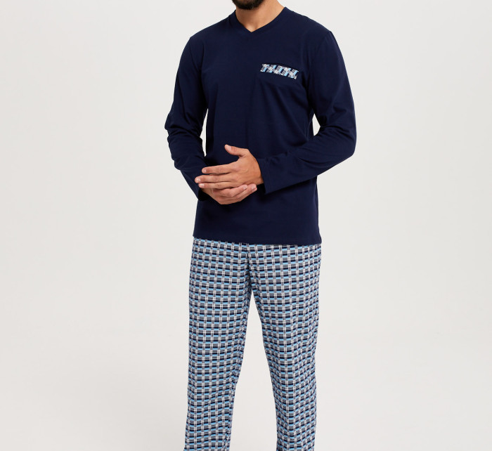 Pánské pyžamo Jaromír, dlouhý rukáv, dlouhé kalhoty - tmavě modrá/potisk
