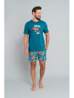 Pánské pyžamo Crab, krátký rukáv, krátké kalhoty - modrozelená/potisk