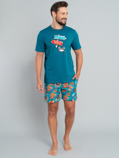 Pánské pyžamo Crab, krátký rukáv, krátké kalhoty - modrozelená/potisk