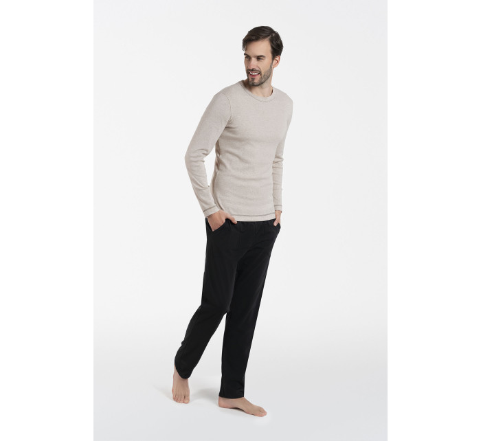 Pánské pyžamo Zermat, dlouhý rukáv, dlouhé kalhoty - béžová melanž/černá