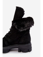 Semišové šněrovací pracovní kotníkové boty s kožíškem, černé Frendo