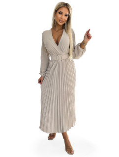 504-2 VIVIANA Plisowana sukienka midi z dekoltem, długim rękawkiem i szerokim paskiem - BEŻOWA