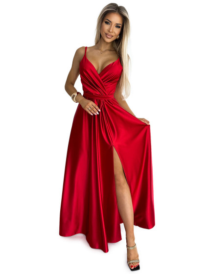 Elegantní dlouhé saténové šaty s výstřihem Numoco JULIET - červené