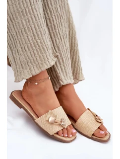 Dámské pantofle na nízkém podpatku s mašlí – béžové