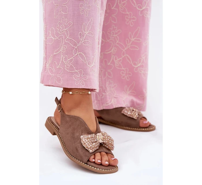 Dámské sandály s mašlí na nízkém podpatku S.Barski – tmavě béžové Dámské sandály s mašlí na nízkém podpatku S.Barski – tmavě béžové