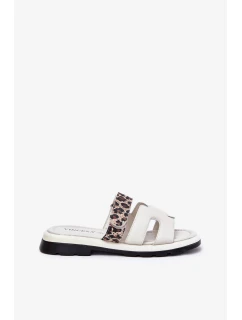 Dámské kožené pantofle s páskem na suchý zip se vzorem Vinceza – světle béžové