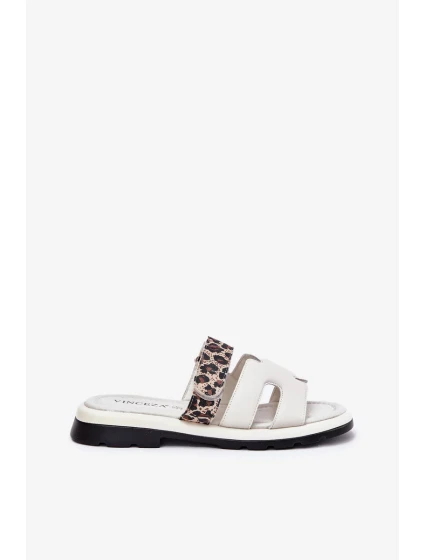 Dámské kožené pantofle s páskem na suchý zip se vzorem Vinceza – světle béžové Dámské kožené pantofle s páskem na suchý zip se vzorem Vinceza – světle béžové