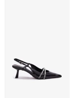 Dámské lakované lodičky na jehlovém podpatku s ozdobnými pásky Jelmia – černé Dámské lakované lodičky na jehlovém podpatku s ozdobnými pásky Jelmia – černé