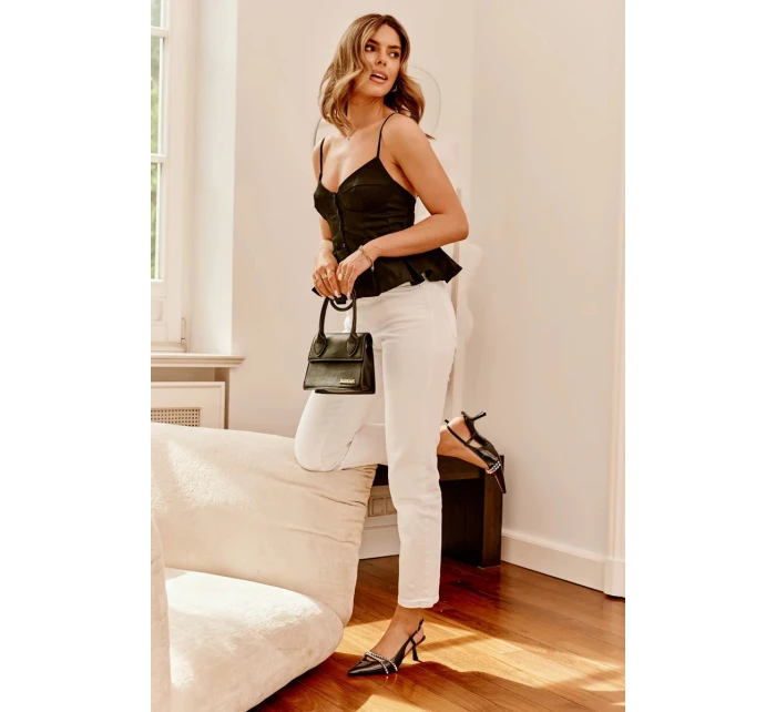 Dámské lakované lodičky na jehlovém podpatku s ozdobnými pásky Jelmia – černé Dámské lakované lodičky na jehlovém podpatku s ozdobnými pásky Jelmia – černé