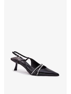 Dámské lakované lodičky na jehlovém podpatku s ozdobnými pásky Jelmia – černé