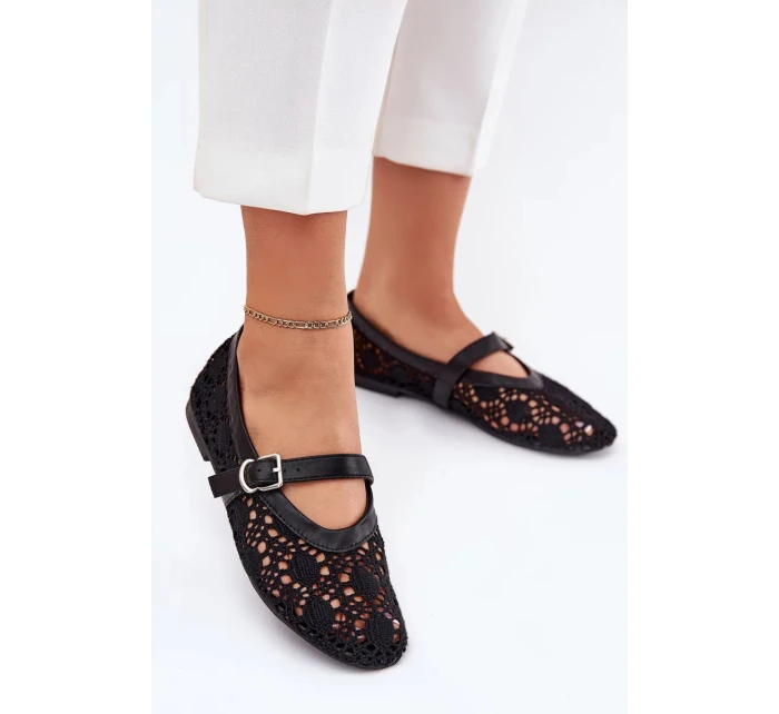Dámské perforované baleríny s páskem Orphali – černé Dámské perforované baleríny s páskem Orphali – černé
