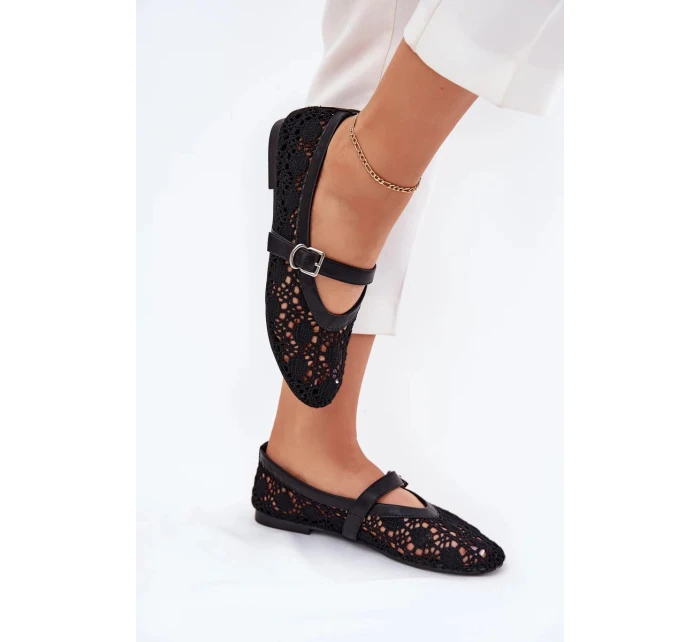Dámské perforované baleríny s páskem Orphali – černé Dámské perforované baleríny s páskem Orphali – černé