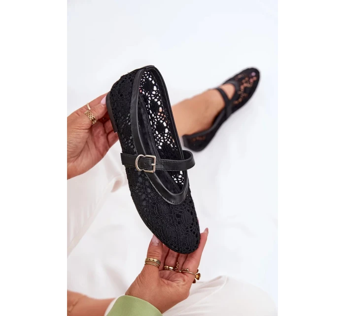 Dámské perforované baleríny s páskem Orphali – černé Dámské perforované baleríny s páskem Orphali – černé