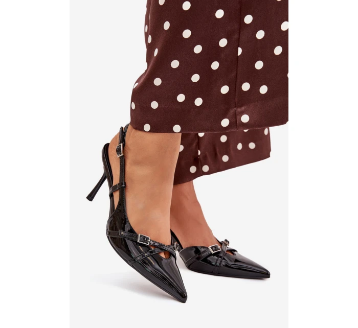 Dámské lakované lodičky s odkrytou patou a pásky Ravira – černé Dámské lakované lodičky s odkrytou patou a pásky Ravira – černé