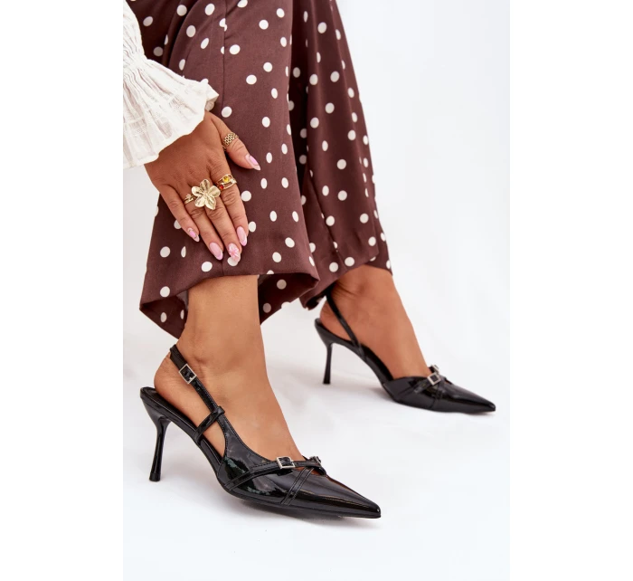 Dámské lakované lodičky s odkrytou patou a pásky Ravira – černé Dámské lakované lodičky s odkrytou patou a pásky Ravira – černé