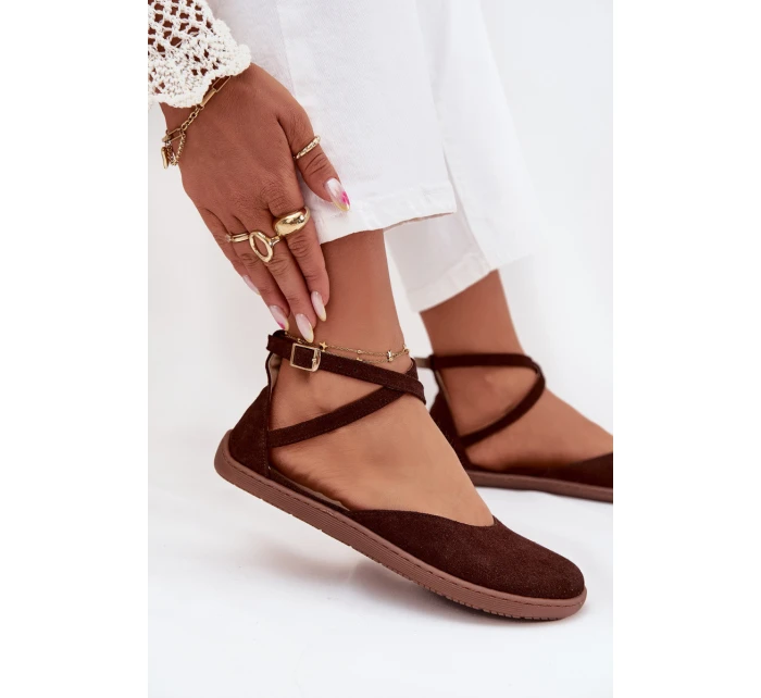 Dámské semišové barefoot baleríny s pásky Zazoo – čokoládové Dámské semišové barefoot baleríny s pásky Zazoo – čokoládové