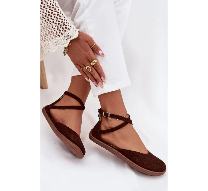 Dámské semišové barefoot baleríny s pásky Zazoo – čokoládové Dámské semišové barefoot baleríny s pásky Zazoo – čokoládové