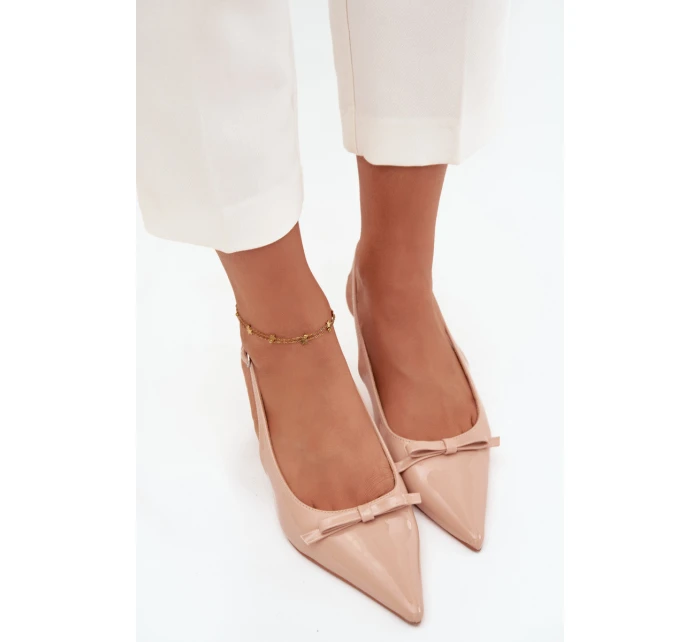 Dámské lakované lodičky na jehlovém podpatku s mašlí Olvena – nude Dámské lakované lodičky na jehlovém podpatku s mašlí Olvena – nude