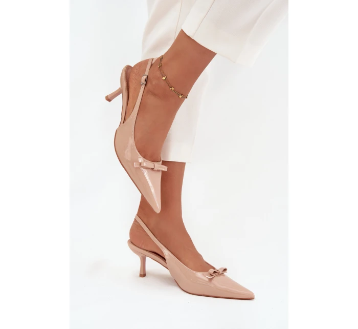 Dámské lakované lodičky na jehlovém podpatku s mašlí Olvena – nude Dámské lakované lodičky na jehlovém podpatku s mašlí Olvena – nude