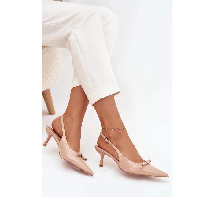 Dámské lakované lodičky na jehlovém podpatku s mašlí Olvena – nude Dámské lakované lodičky na jehlovém podpatku s mašlí Olvena – nude