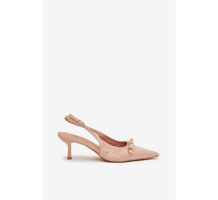 Dámské lakované lodičky na jehlovém podpatku s mašlí Olvena – nude Dámské lakované lodičky na jehlovém podpatku s mašlí Olvena – nude