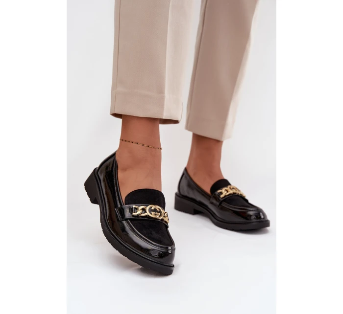 Lakované dámské mokasíny se zlatou ozdobou S.Barski – černé Lakované dámské mokasíny se zlatou ozdobou S.Barski – černé