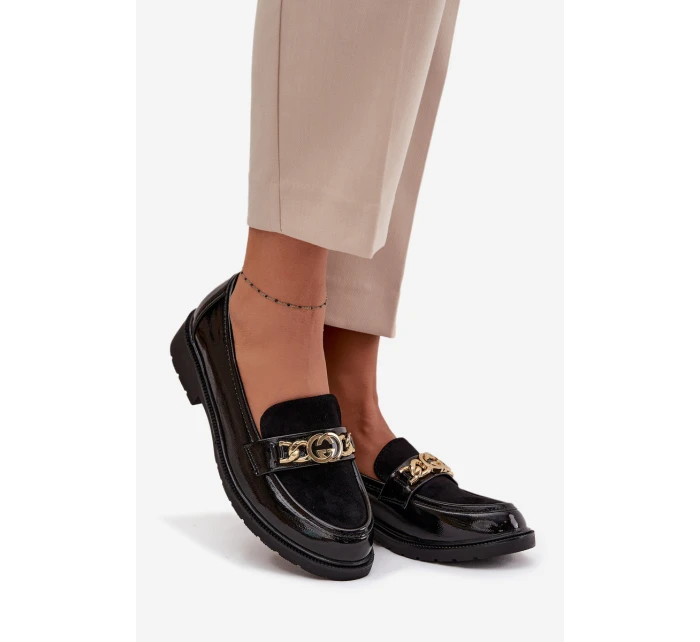 Lakované dámské mokasíny se zlatou ozdobou S.Barski – černé Lakované dámské mokasíny se zlatou ozdobou S.Barski – černé